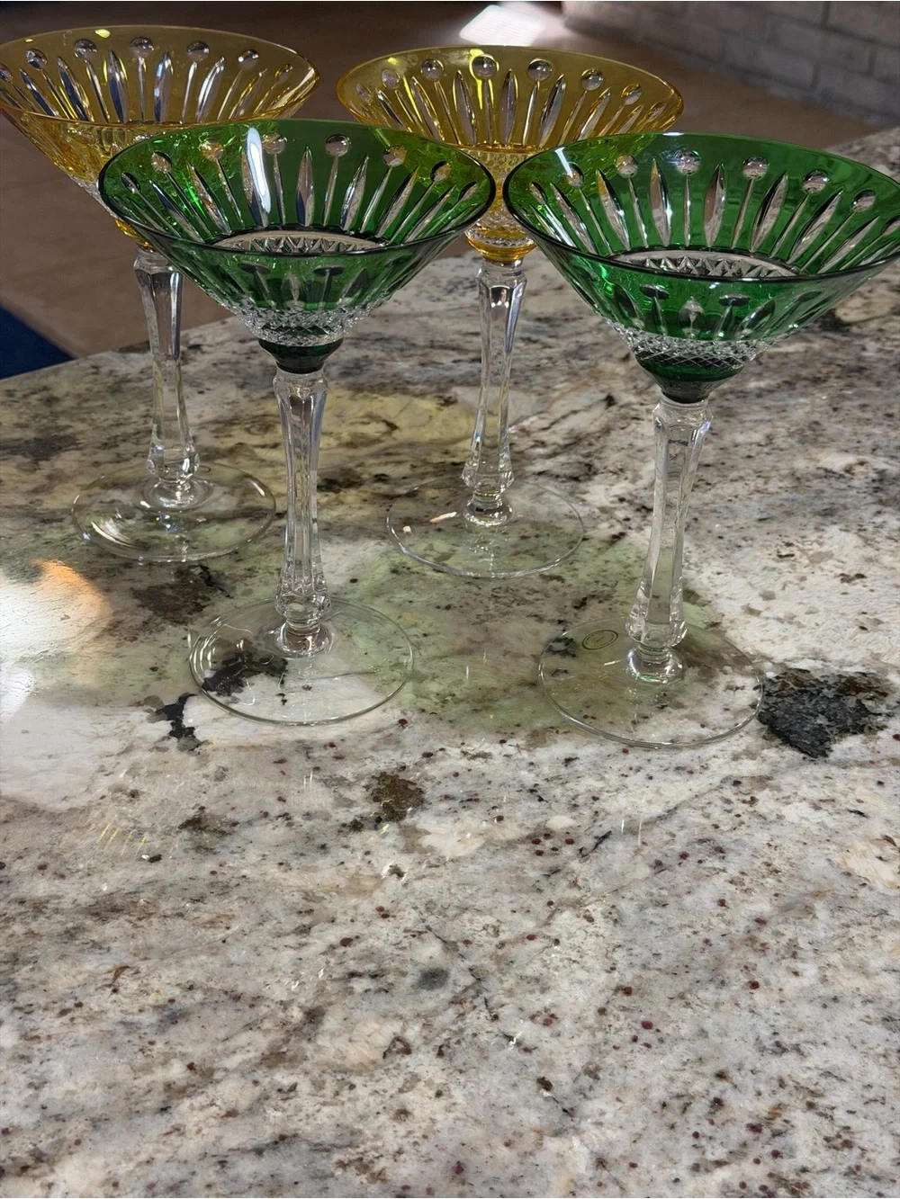 Vtg Handmade Hungarian Martini Glasses Set of 4 Emerald Green & Yellow Crystal